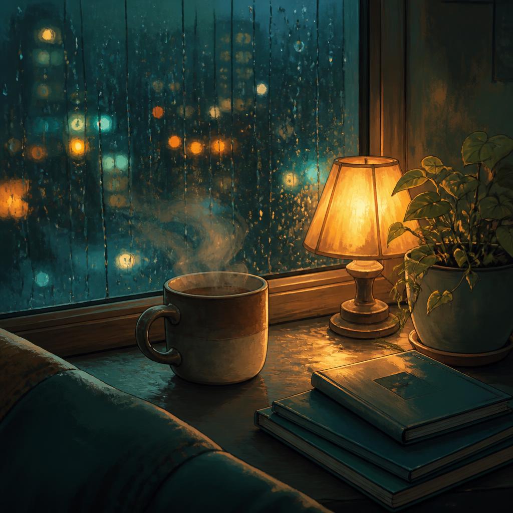 Illustrated windowsill with a steaming mug, a glowing lamp, books and a plant against rain streaked glass